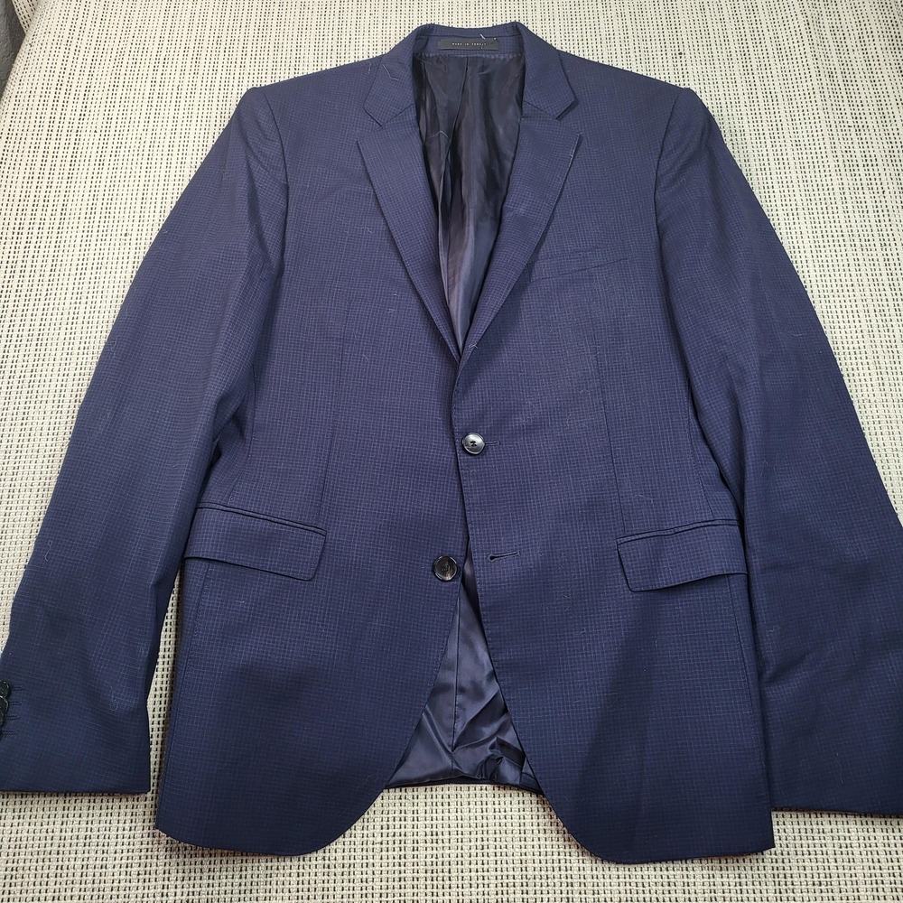 Hugo Boss Blazer Mens 40R Blue Check Wool Super 100 Two Button Sport Coat